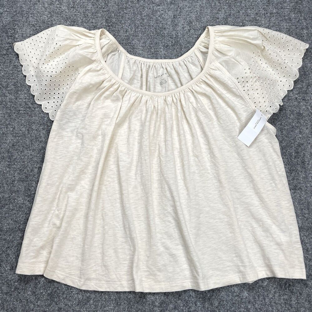American Eagle Eyelet Sleeve Top Womens Size Large Beige Cream Cotton NEW W Tags